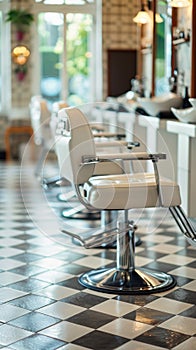 A row of chairs in a salon with black and white checkered floor, AI