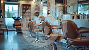 A row of chairs in a salon with mirrors on the wall, AI
