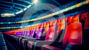 Row of chairs in stadium with bright light in the background. Generative AI