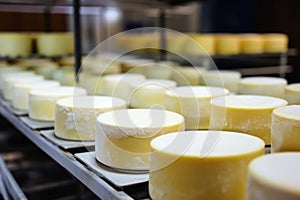 Photo of a variety of cheeses on a conveyor belt in a factory. Industrial cheese production plant. Modern technologies. Production