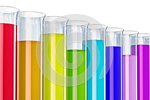 Row from chemical flasks with colored liquid, 3D rendering