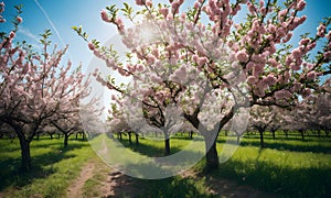 a row of cherry blossom trees in a field with the sun shining through them