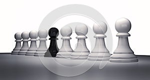 Row of chess pieces of white pawns 3d rendering