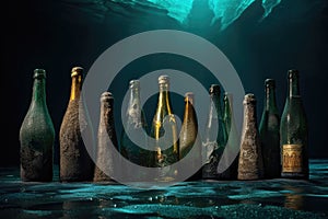 row of chilled beer bottles half-submerged in ice