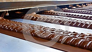 Row of chocolate factory conveyors. Generated with AI