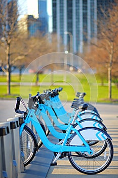 Row of city bikes for rent