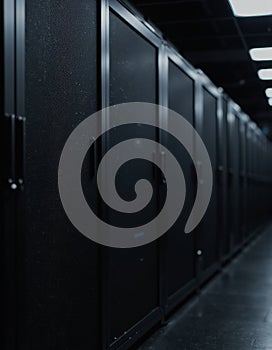 Closed server rack doors with blank bezels in a modern data hall