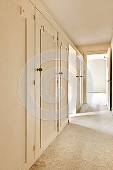 a row of closets in a hallway with carpet