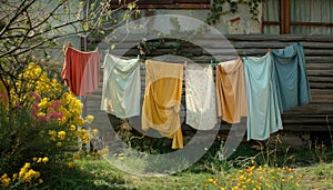 A row of clothes hanging on a clothesline in a yard by AI generated image