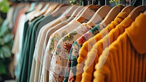 A row of clothes hanging on wooden hangers in a store, AI