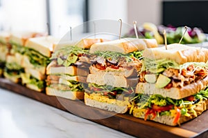 a row of clubhouse sandwiches bearing different fillings