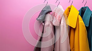 A row of coats hanging on a rack against pink wall, AI
