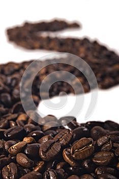 Row of coffee beans on white background