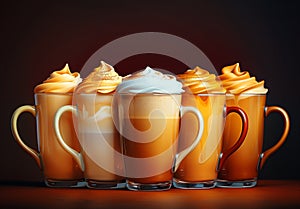 Row of coffee drinks with whipped toppings in glass mugs