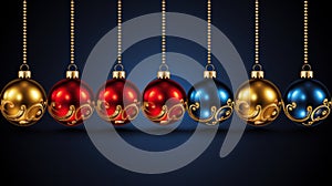 Row of color christmas balls hanging on strings over blue background