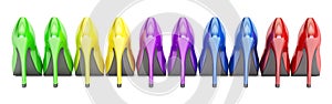 Row from color high heel shoes, 3D rendering