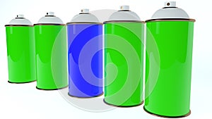 Row of Color spray cans in blue and green colors