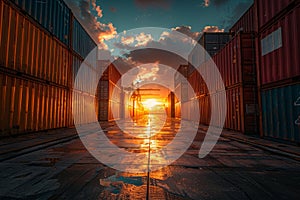 Row of colored cargo containers on both sides at sunset, cargo transportation