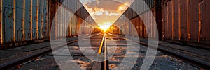 Row of colored cargo containers on both sides at sunset, cargo transportation, banner