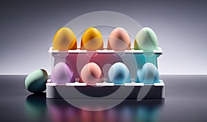 a row of colored eggs in a carton on a reflective surface with one egg in the middle of the carton and the other in the carton