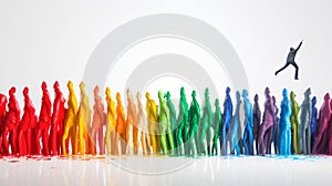 Row of colored figures on white background with business man jumping