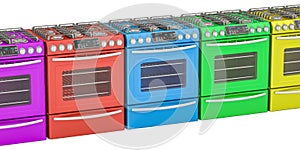 Row of colored gas cookers, 3D rendering