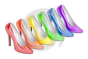 Row from colored high heel shoes, 3D rendering