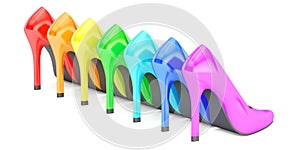 Row from colored high heel shoes, back view. 3D rendering