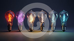 Row of colored light bulbs on dark background, ideas and innovation