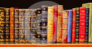 Row of colored old books on a wooden shelf