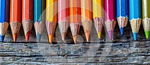 Row of Colored Pencils on Wooden Table