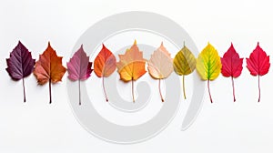 a row of colorful autumn leaves arranged in a gradient from red to yellow, creating a harmonious and balanced