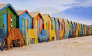Row of colorful bathing huts in Muizenberg beach, Cape Town, South Africa