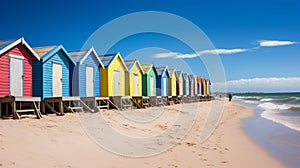 A row of colorful beach huts along a sandy shoreline with clear blue skies.