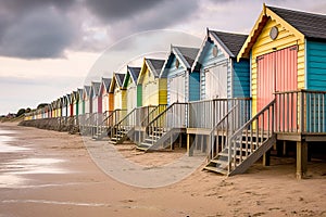 Row of colorful beach huts at the sandy beach