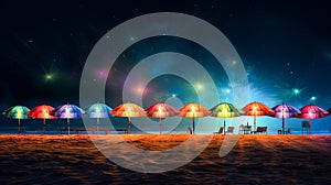 Row Of Colorful Beach Umbrella. Parasols on a Beautiful Beach. Generative AI