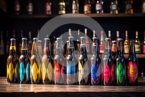 row of colorful beer bottles with blank labels