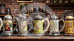 A row of colorful beer steins each one decorated with different designs and sold as collectible souvenirs photo