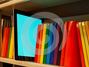 Row of colorful books and electronic book reader