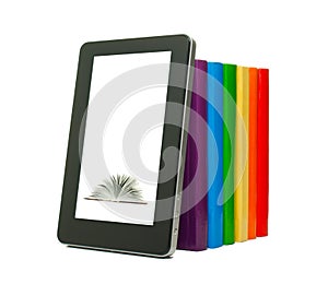 Row of colorful books and tablet PC