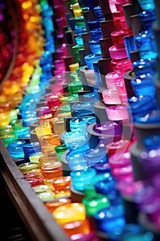 A row of colorful bottles. Generative AI image.