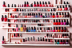 A row of colorful bottles of nail polish on a shelf