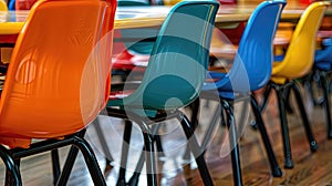 A row of colorful chairs are lined up in front of a table