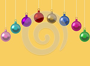 Row colorful Christmas ball ornament hanging on yellow background. picture copy space for art work design ad or add text message.