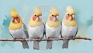 Row of colorful cockatiels