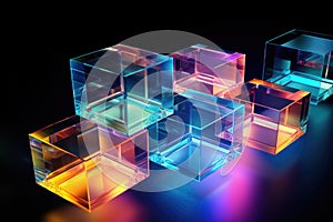 A row of colorful cubes with a blue cube in the middle