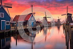 row of colorful dutch windmills at sunset