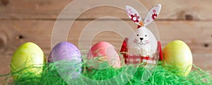 Row of colorful Easter eggs and bunny rabbit banner