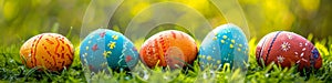 A row of colorful easter eggs are lined up in the grass, AI