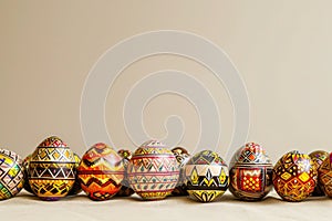 a row of colorful easter eggs are lined up on a table